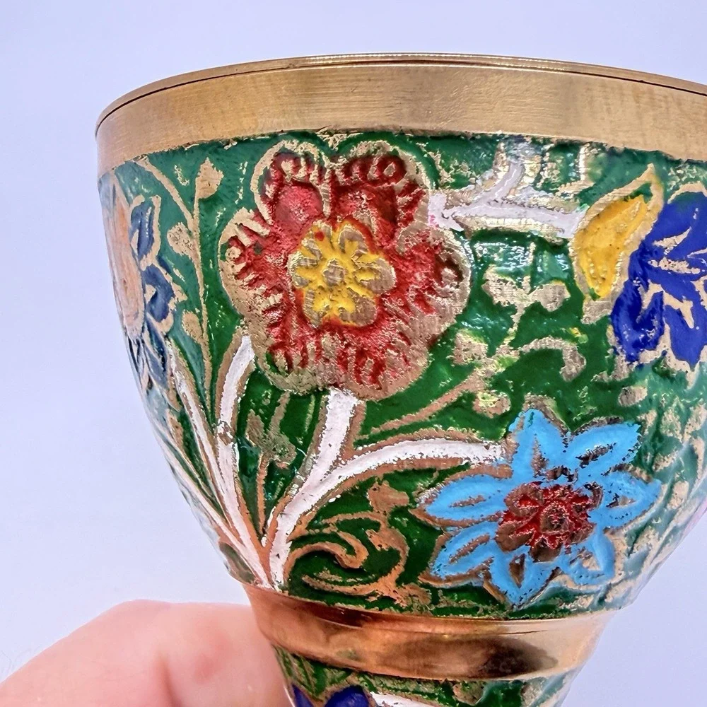 Vintage Brass Meenakari Enamel Bakhoor Burners Pair Floral Chalice Altar Decor